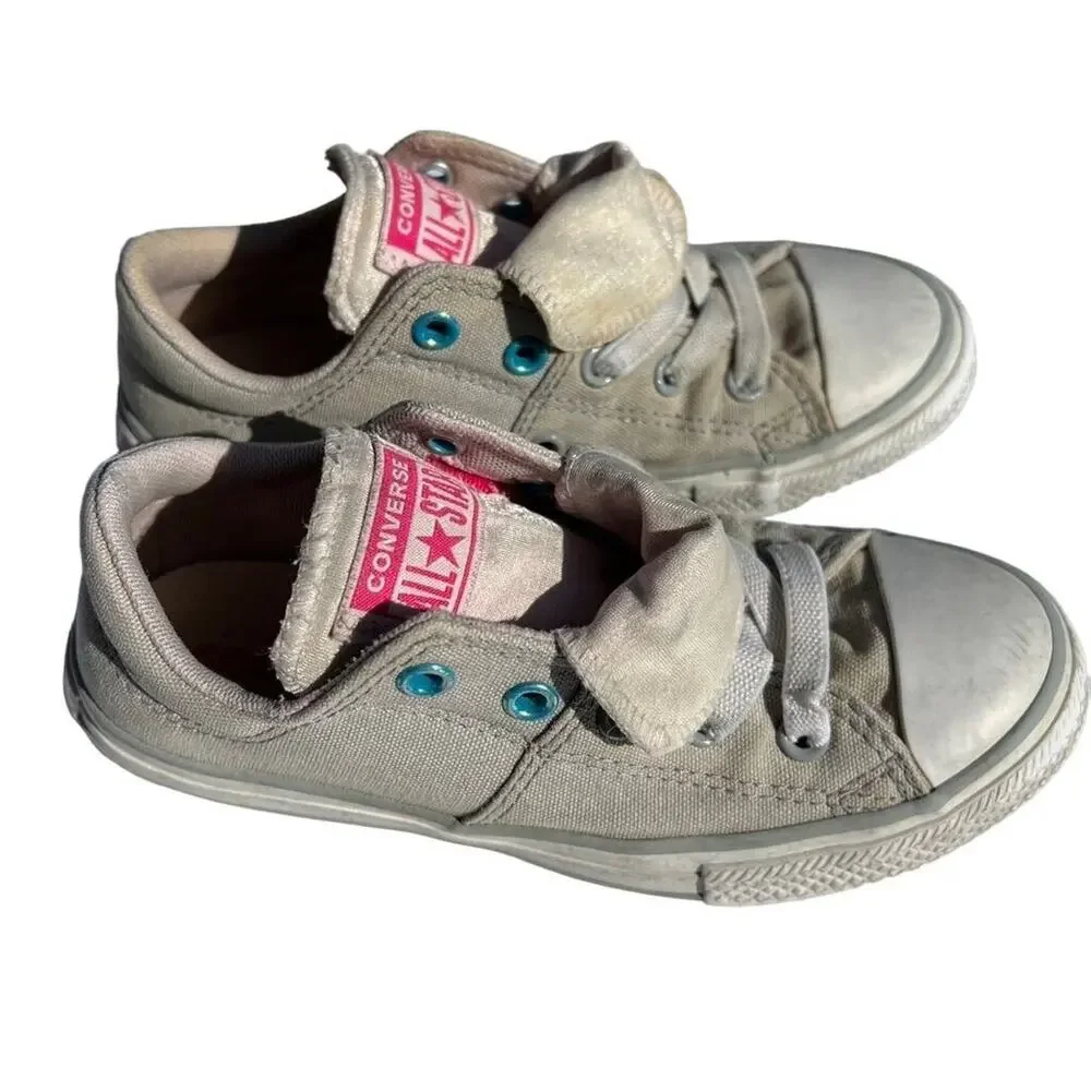 Converse All Star Girls Sneakers Shoes Double Tongue Gray Pink Athletic Sz 13